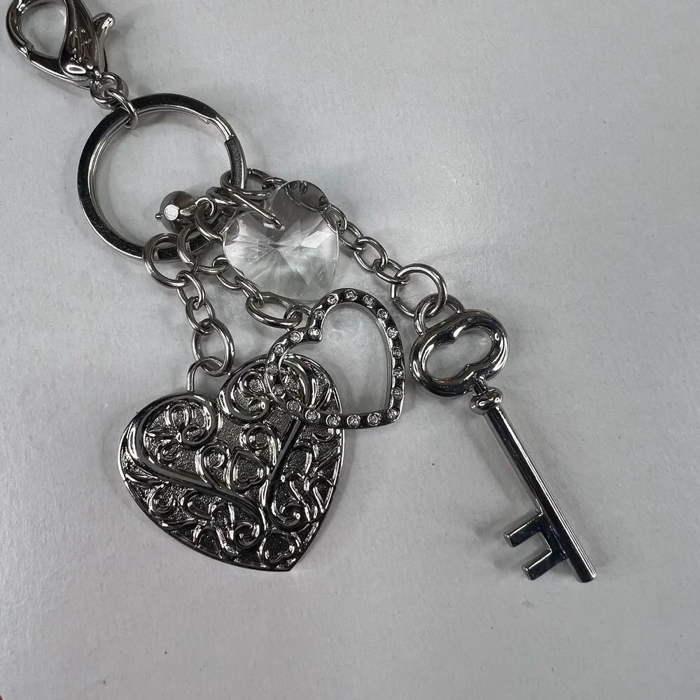 Vintage Silver Filigree Heart & Key Keychain Ornate Romantic Keychain Keyring